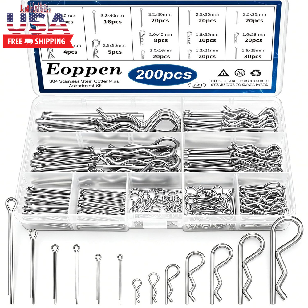 Cotter Pin Assortment Kit – 304 Stainless Steel 13 Sizes Cotter Pins & R Clips C