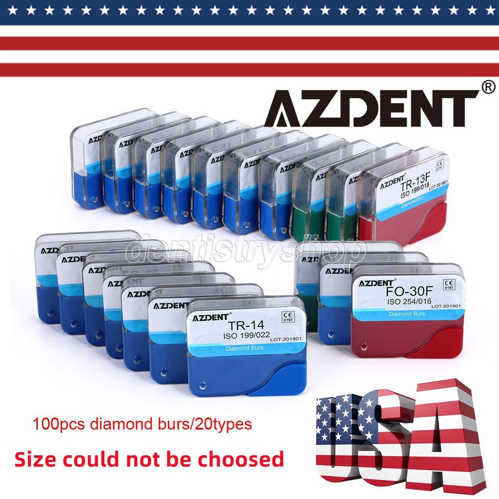 100Pcs AZDENT Dental Diamond Burs High Speed Handpiece Friction Grip 20 Types