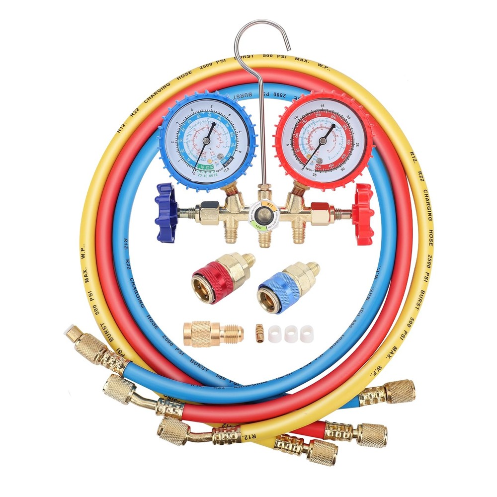 3-Way AC Manifold Gauges Set with 3 x 4FT Hoses for R22 R134A R410 – Complete