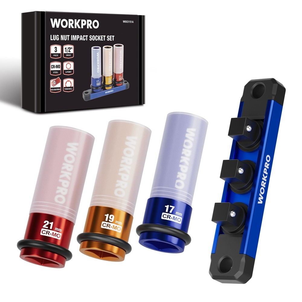 WORKPRO 3PC 1/2″ Drive Lug Nut Impact Socket Set Deep Thin Wall Socket 17-19-2mm