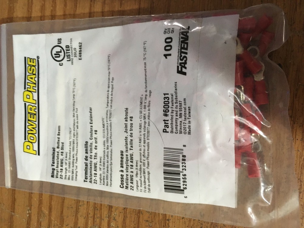 (100) Power Phase® 22-16 AWG #8 Stud Vinyl Insulated Butted Seam Funnel Entry