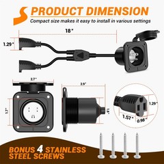 15Amp 125V AC Power Inlet,with Dual-Plug 18-Inch Extension Cord Y Splitter Cable