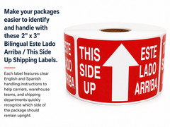 Spanish Labels – This Side Up 2×3 Glass Fragile Stickers 500 Each, 1-40 Rolls