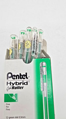 Vintage Pentel 12-PACK Hybrid Gel Roller Ball Pen Green Waterproof Ink Fine .3mm