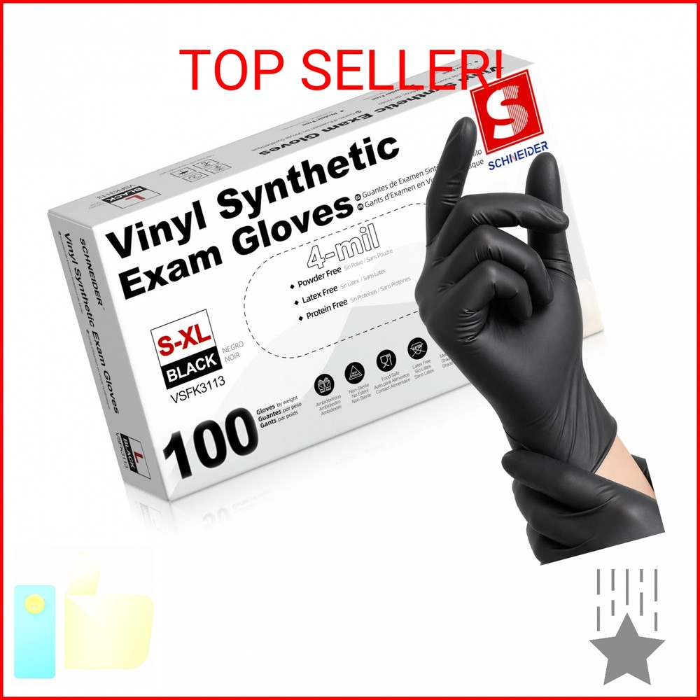 Schneider Black Vinyl Synthetic Exam Gloves, 4 Mil, Large, Disposable Gloves Lat