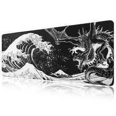Black and White Large Mouse Pad, Japanese 31.5L x 11.8W inches, Wave Dragon