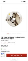 Shars 16in 3-Jaw Self-Centering Scroll Manual Lathe Chuck D1-6