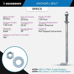 Sandbaggy 1/2″ x 10″ Threaded Concrete Anchor L-Bolts – Hot Dipped Galvanized