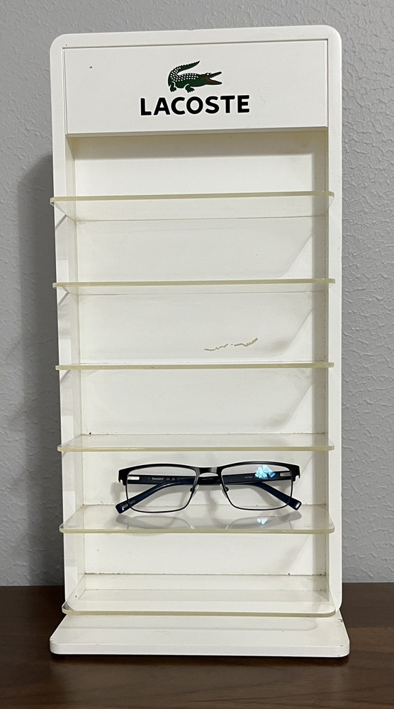 LACOSTE Eyewear Countertop Display Case Rack – Multi-Shelf Acrylic & Wood