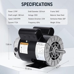 3.7HP Air Compressor Electric Motor 230V 56 Frame 17.2A 3450 RPM 5/8” Shaft