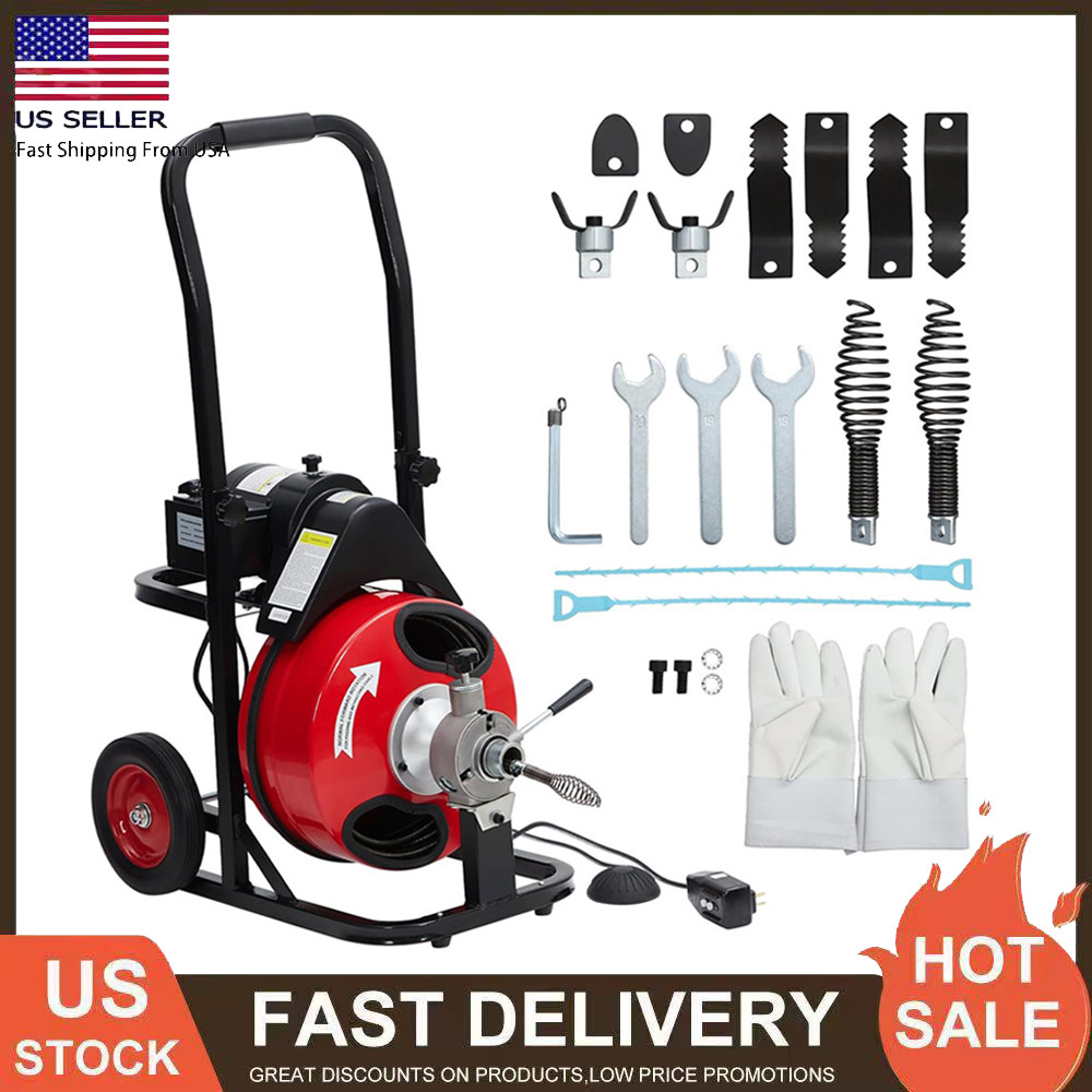 Auto Feed 75 FT x 1/2 Inch Drain Cleaner Machine 370W Portable Sewer Snake Auger