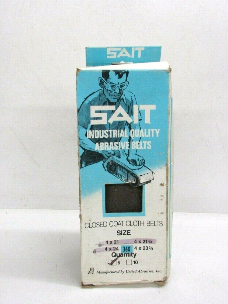 NOS! (5) SAIT ABRASIVE CLOSED COAT CLOTH BELTS, 4″ x 23-3/4″, GRIT: 36X