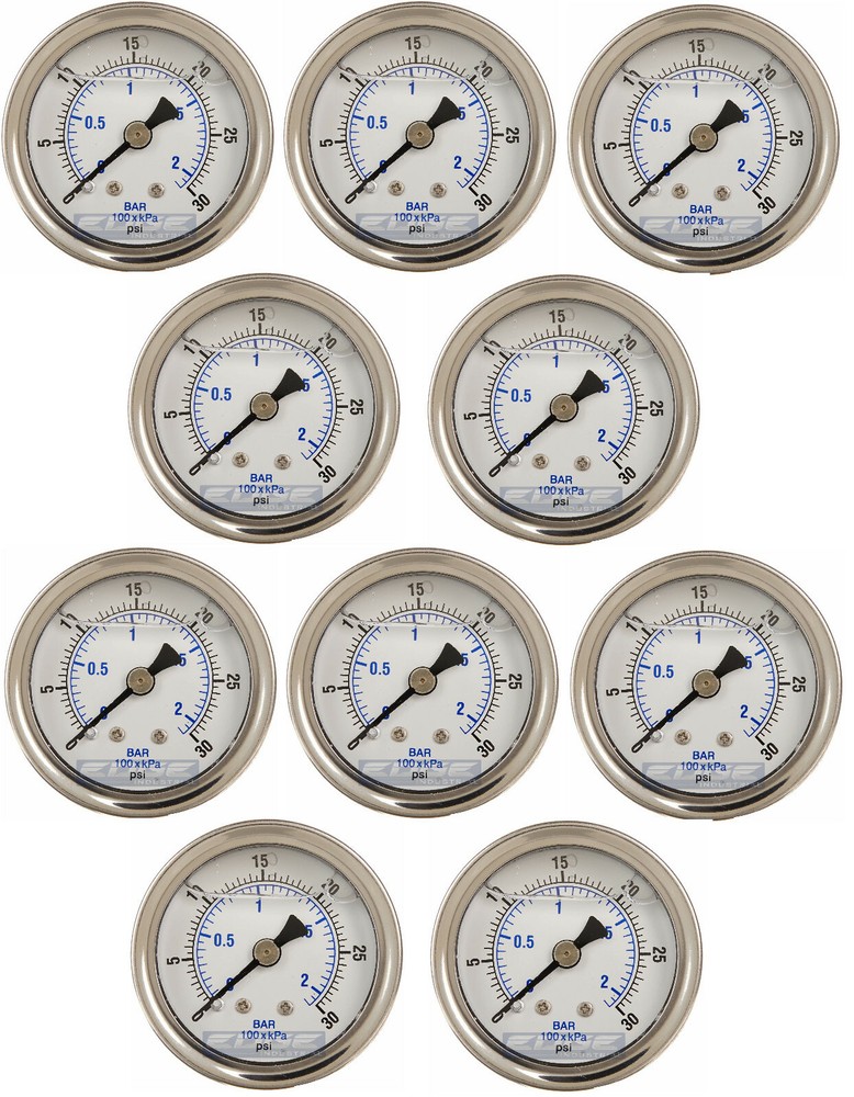 10 PACK LIQUID FILLED PRESSURE GAUGE 0-30 PSI, 2″ FACE, 1/4″ BACK MOUNT