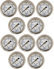 10 PACK LIQUID FILLED PRESSURE GAUGE 0-30 PSI, 2″ FACE, 1/4″ BACK MOUNT