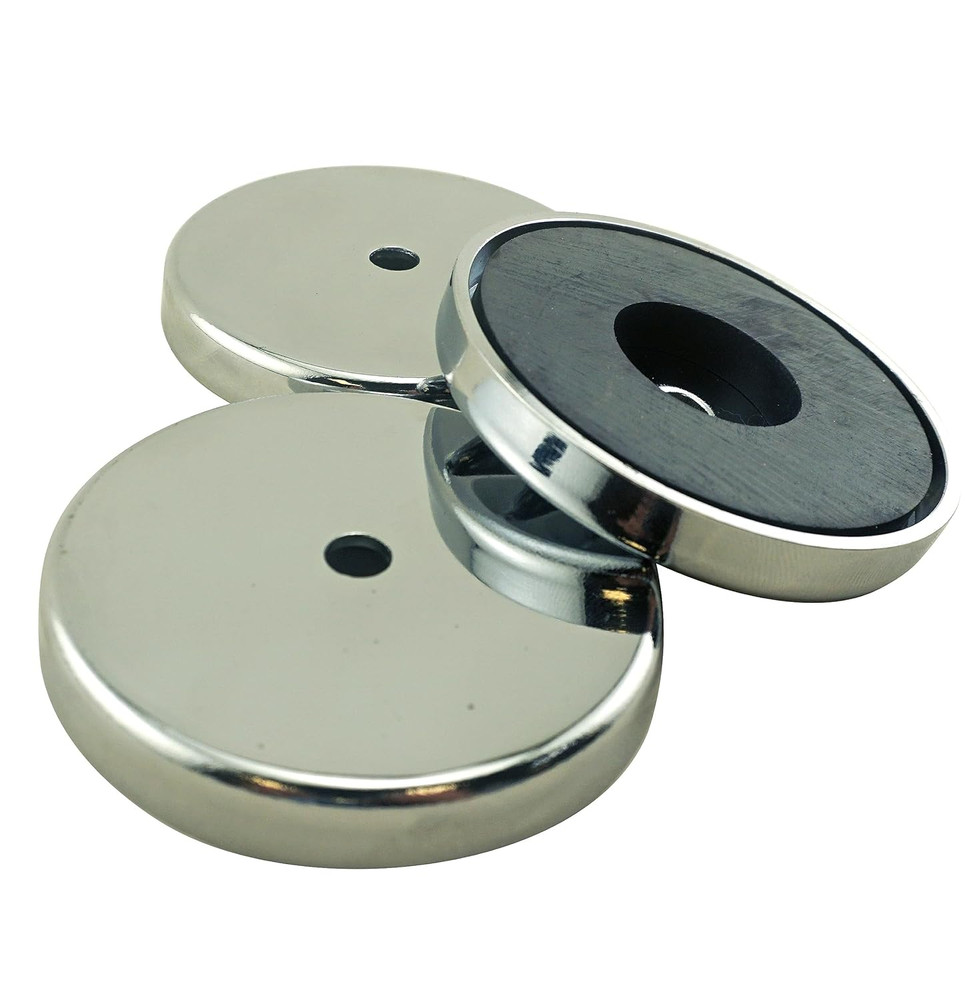 3 Pack Heavy Duty Round Base Magnets 65 lb Pull 2.618 Inch Hole Nickel Plated