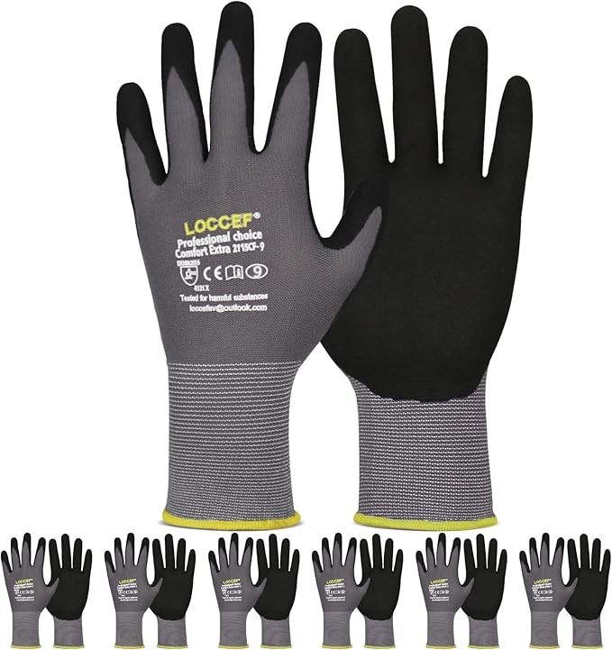 MicroFoam Nitrile Coated Work Gloves – 6 Pairs Seamless Knit Nylon Gray, 10/XL