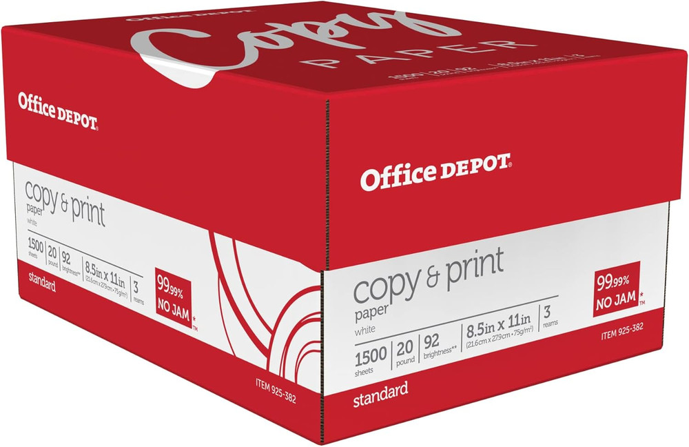 Office Depot Copy Print Paper, 8 1/2in. x 11in, 20 Lb, Bright White, 3 REAMS
