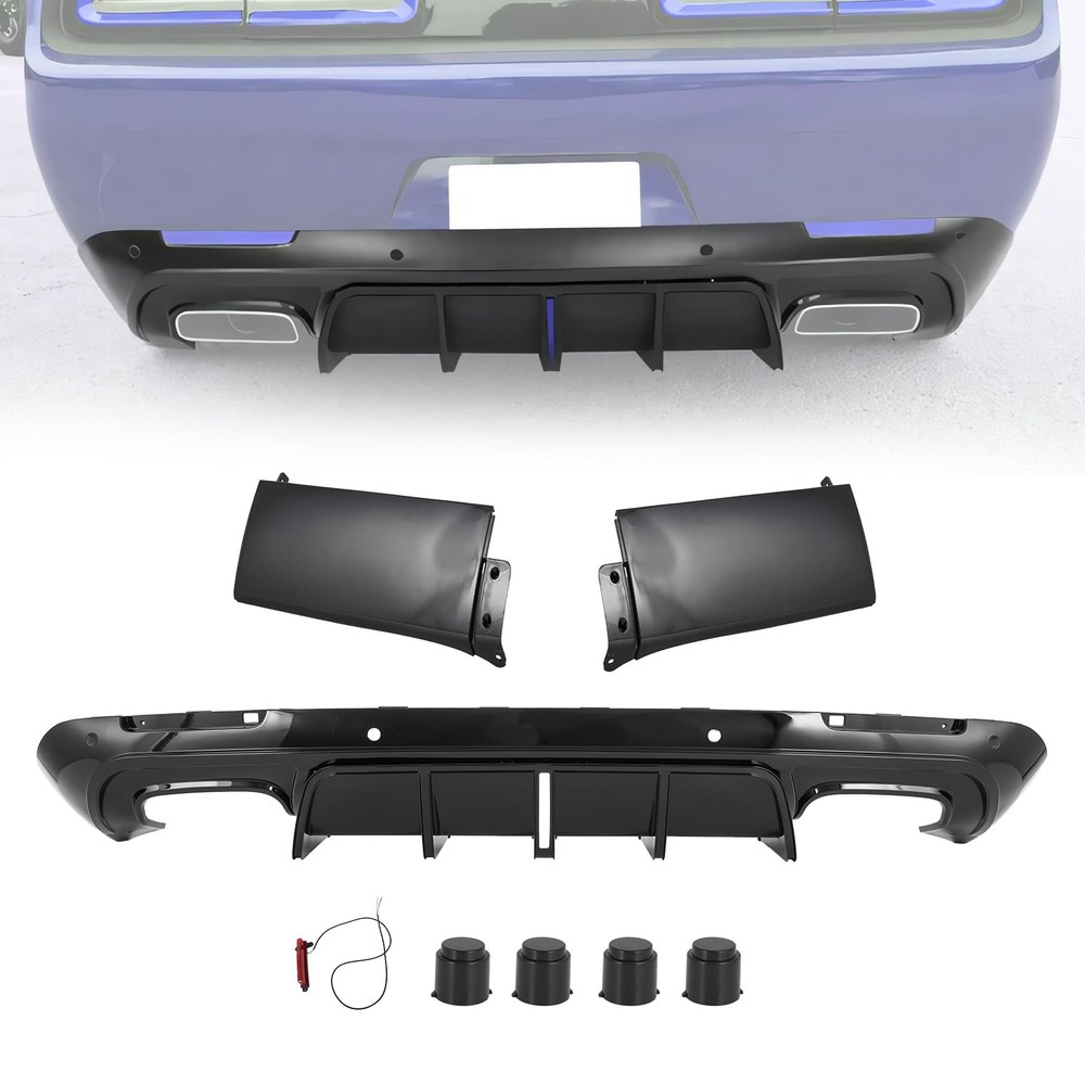 Rear Bumper Diffuser for 2015-2023 Dodge Challenger Fin Splitter LED Gloss Black