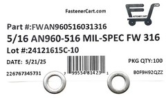 (100) 5/16 AN960-516 Mil-Spec Washers 316 Stainless Steel AN960516 (100 Pieces)