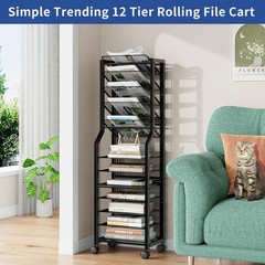 12-Tier Rolling File Organizer Cart – Stylish Black Metal Storage Solution