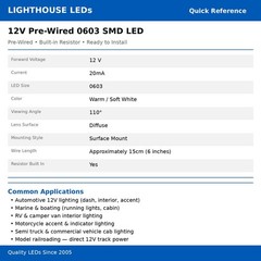 50 x 12v 0603 1608 Warm Soft White Nano SMD LED Pre-Wired Light Soldered Leads