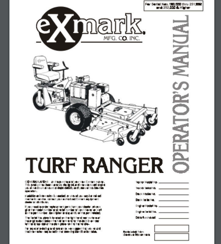 Exmark Turf Ranger Mower Operator’s Manual 40 PAGES 190,000 – 251,999 , 252,000+