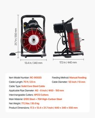 VEVOR Drain Cleaner Machine Drain Auger 75FT x 1/2 Inch Manual Feed & 4 Cutters