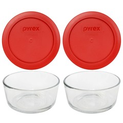 Pyrex (2) 7200 Round Storage Glass Bowls & (2) 7200-PC Poppy Red Plastic Lids