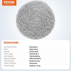 VEVOR Zinc Plated Proof Coil Chain Carbon Steel Chain Sling 3/16″ x 100′ 1100lbs