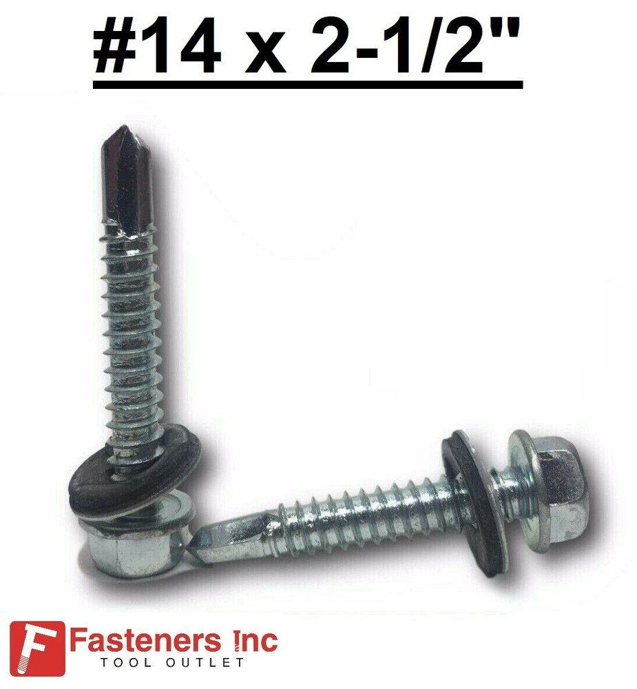 #14-14 x 2-1/2″ Hex Rubber Washer Self Drilling Screws Roofing Siding 3/8″ Drive