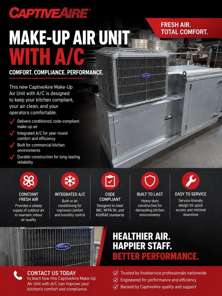 New Captive Aire Make Up Air Unit – With A/C Unit- 220v 1 Phase- 1350CFM