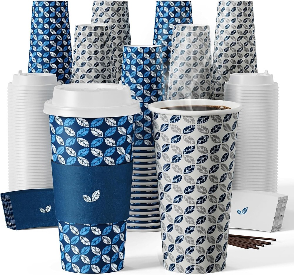JOLLY CHEF 16oz Disposable Coffee Cups w/ Lids, Sleeves & Stirrers 100-Pack