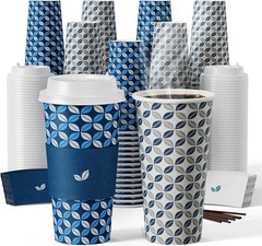 JOLLY CHEF 16oz Disposable Coffee Cups w/ Lids, Sleeves & Stirrers 100-Pack
