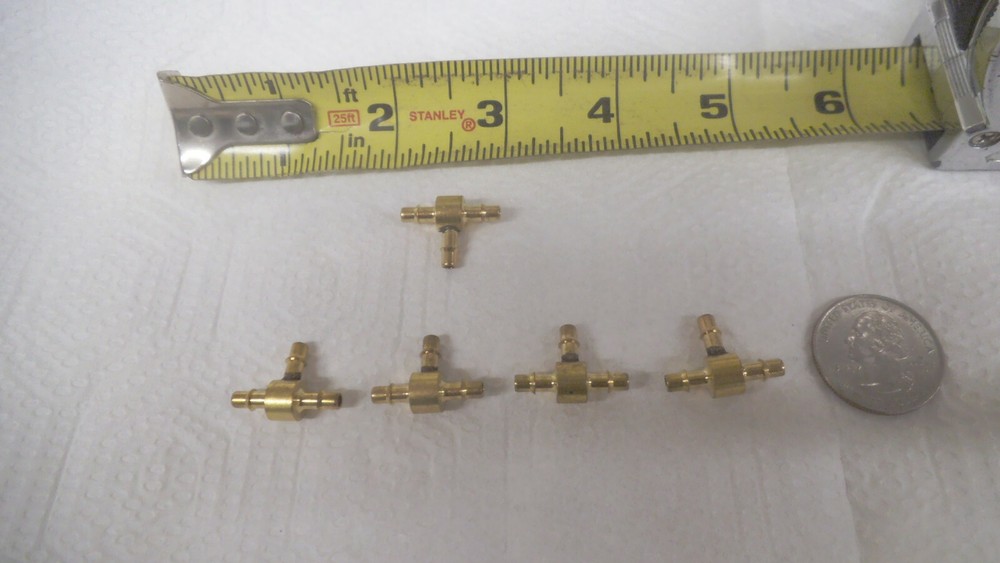 Qty 5 pieces Mem-co Brass barbed Tee fittings, T3, for 1/8 ID hose, nos