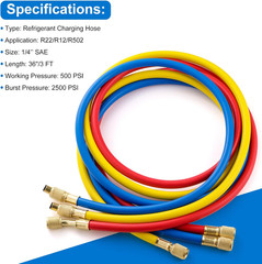 3 Pieces AC Manifold Gauge Hose Kit, Refrigerant Charging Hoses 1/4 SAE, 3FT AC