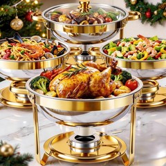 4 PCS 9Qt Round Chafing Dish Buffet Set 316 Stainless Steel Gold W/Glass Lids