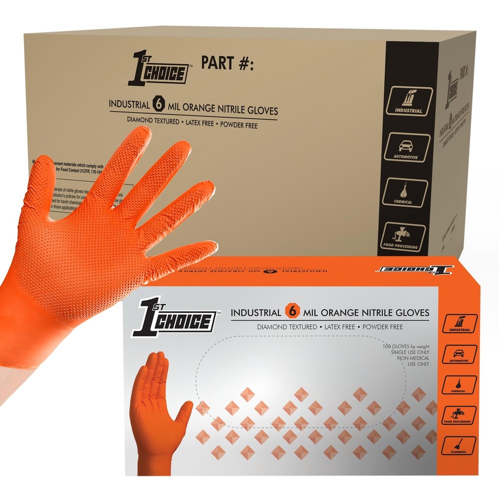 1St Choice 6 Mil Orange Gloves Disposable Latex Raised Diamond Grip Mechanic