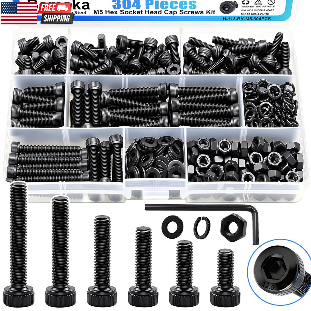 304PCS M5 Hex Socket Head Cap Screws Kit M5×8/12/16/20/30/35 mm Bolts, Nuts & Wa
