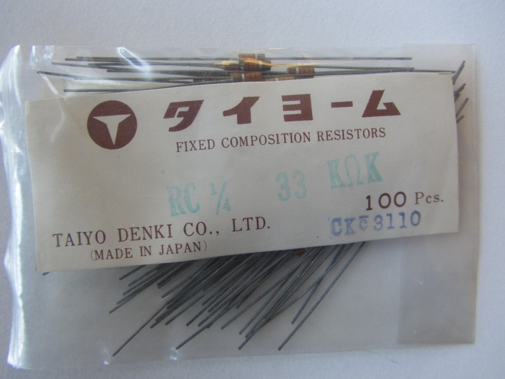 NOS Vtg Bag of 100 pcs Taiyo Denki Japan Fixed Composition Resistors ¼ W 33K Ohm