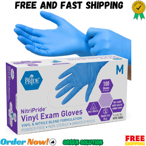 Blue Nitrile/Vinyl Blend Exam Gloves – Powder-Free, Latex-Free, Med Size, 100ct
