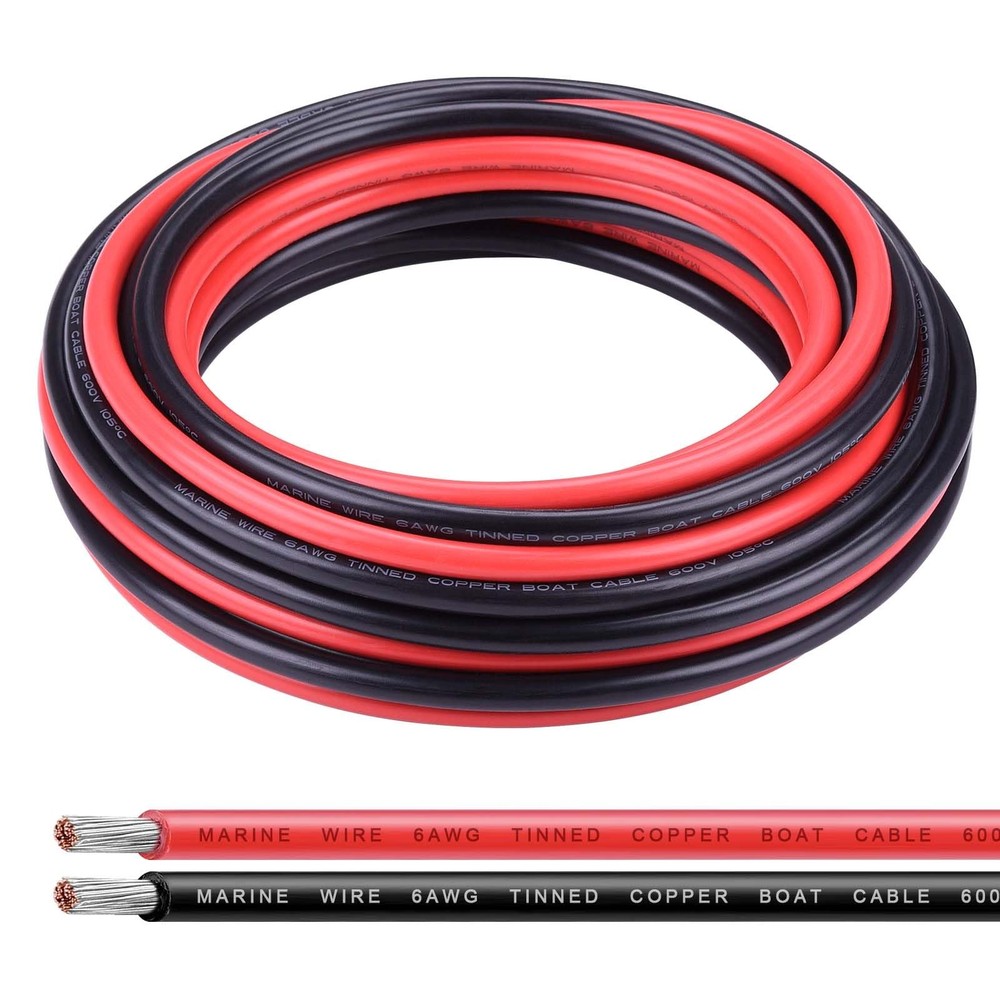 6 Gauge 6 AWG Electrical Cable Tinned Copper 2-Conductor 20Ft Black & Red