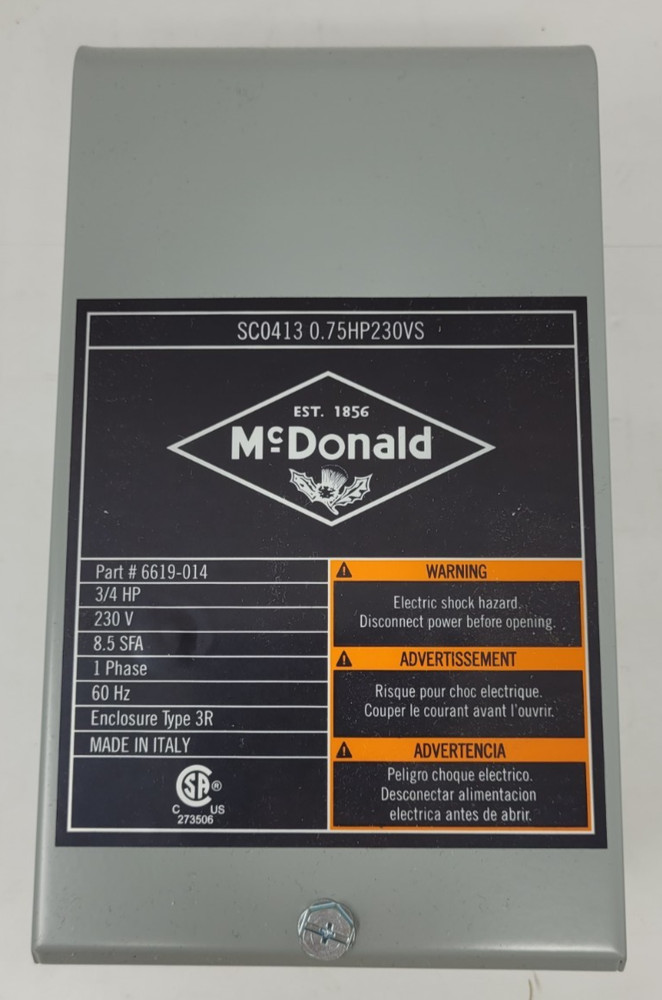 McDonald 6619-014 Standard Motor Control Box Basic SC0413 0.75HP230VS
