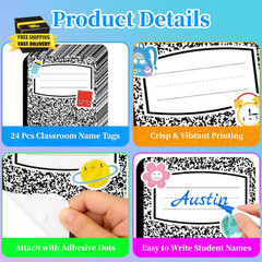 24PCS Composition Name Tags Stickers – Notebook Classroom Decor Name Tags for Lo