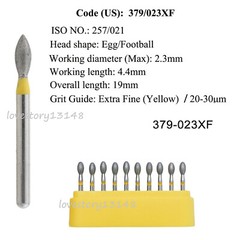 10 Burs Dental Diamond Burs FG Egg Football 379/023XF Extra Fine Grit High Speed