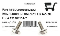 (25) M6 x 1.00 x 16 Stainless Steel DIN6921 A2 Hex Flange Bolts M6x16mm Flange