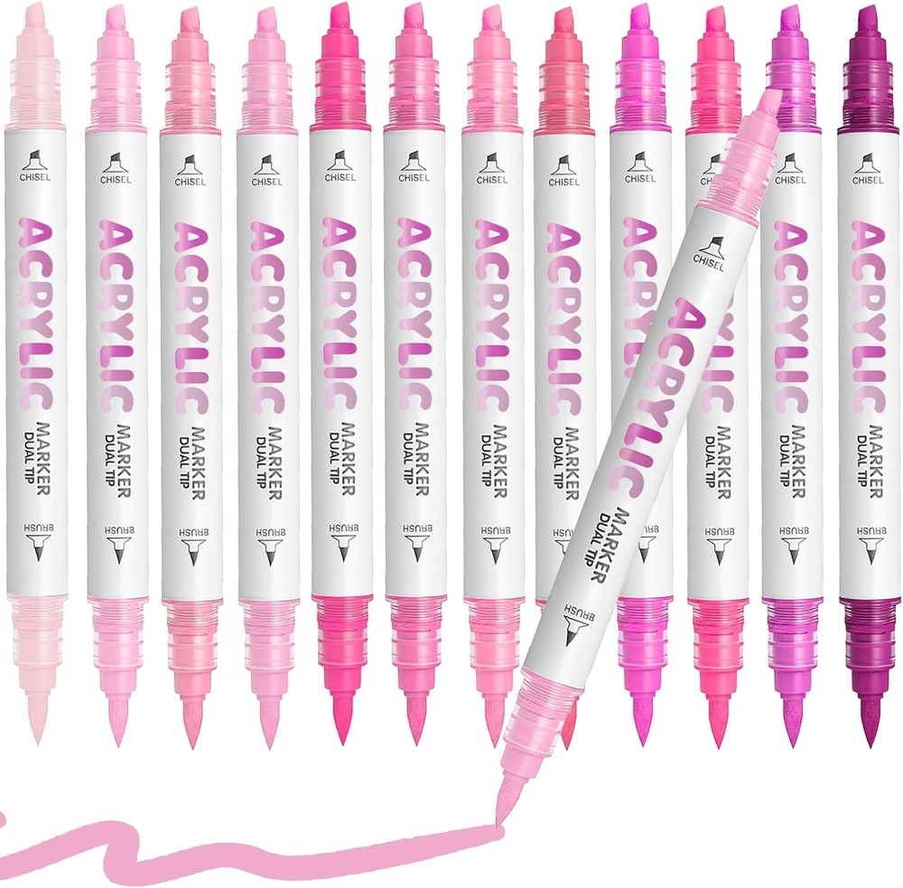 Pink Acrylic Paint Pens, Water Based 12 Colors Dual Tip Acrylic Paint Markers
