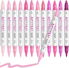 Pink Acrylic Paint Pens, Water Based 12 Colors Dual Tip Acrylic Paint Markers
