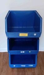 Lot Of 3 Akro-Mils 30270 Blue Hang/Stack Storage Bins Plastic; 18″X 16 1/2″X 11″