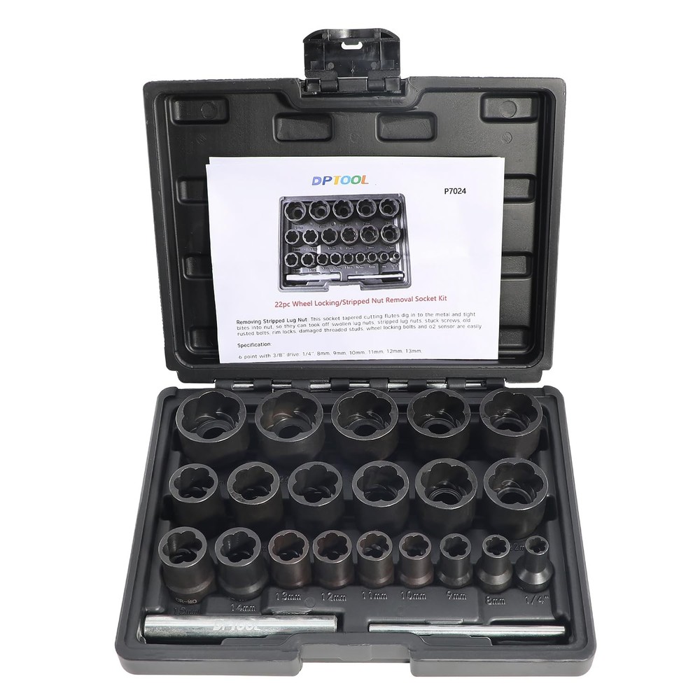 DPTOOL 22 Piece Bolt Nut Extractor Set, 1/2″ and 3/8″ Drive Impact Lug 22PC