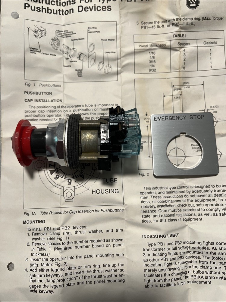 NOS Westinghouse PB1 30mm Red Mushroom Momentary Stop Pushbutton PB1B NC